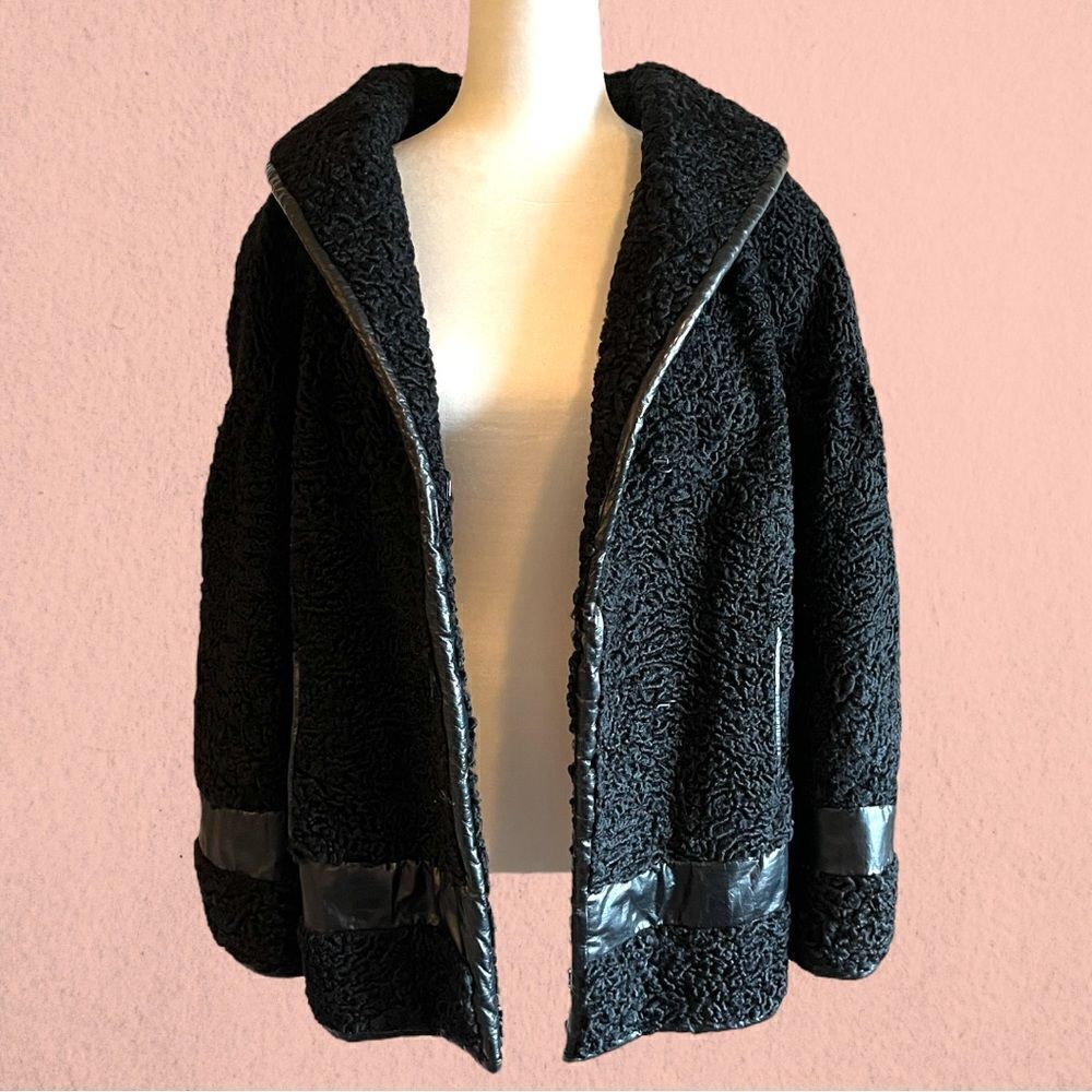 Vintage 1960s Hudson Bay black Persian lamb wool coat leather accents